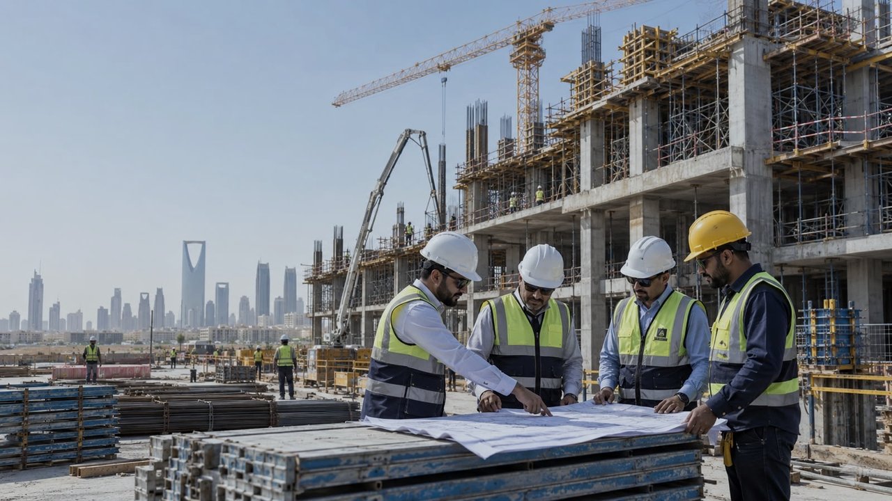 مهندسون يراجعون المخططات أمام مبنى قيد الإنشاء في الرياض